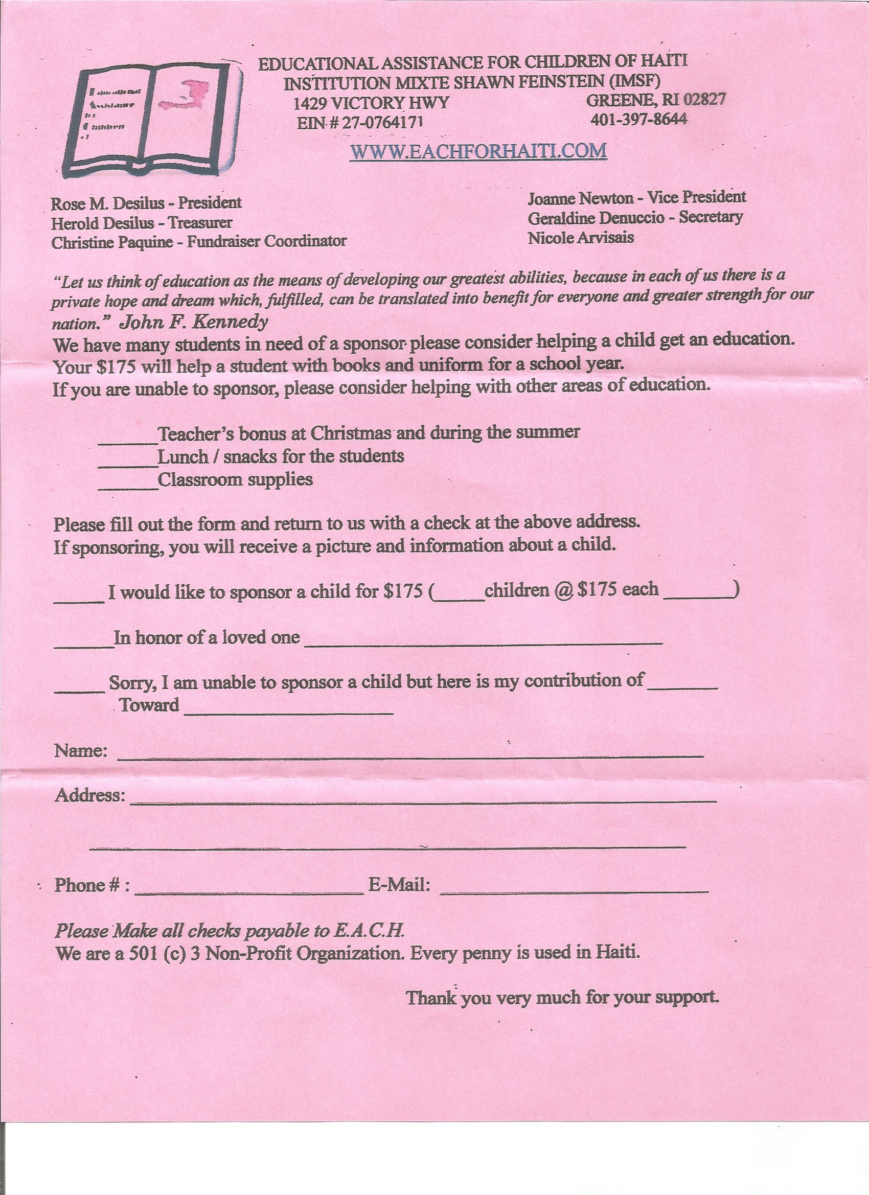 Sponsorship Form for E.A.C.H.